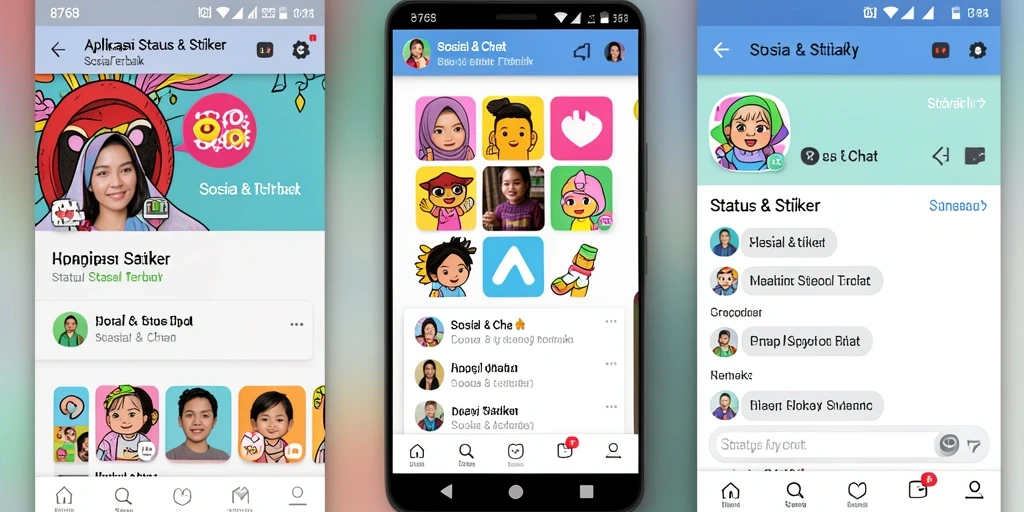 Tampilan antarmuka aplikasi 8768 yang menarik dan fungsional untuk Status & Stiker.