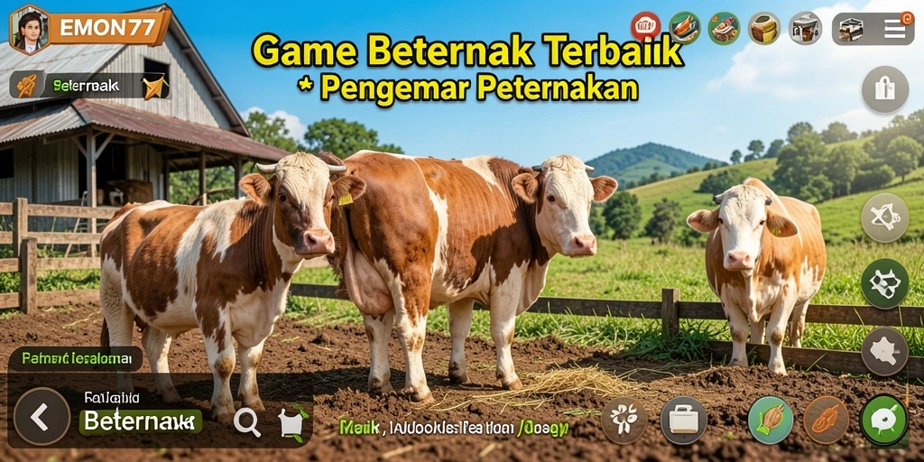 Tampilan antarmuka EMON77 yang menampilkan peternakan yang indah.