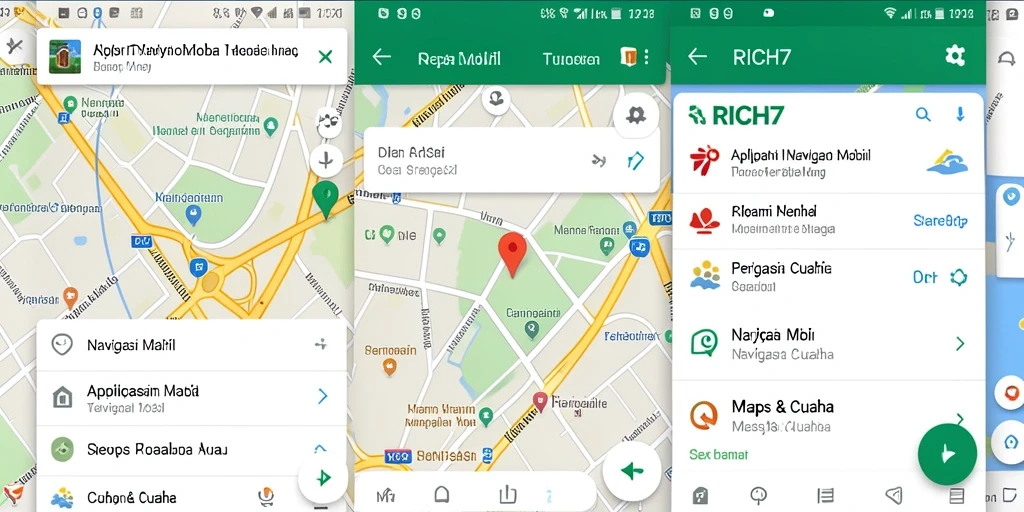 Antarmuka pengguna RICH7 menampilkan peta interaktif dan navigasi jalan yang jelas.